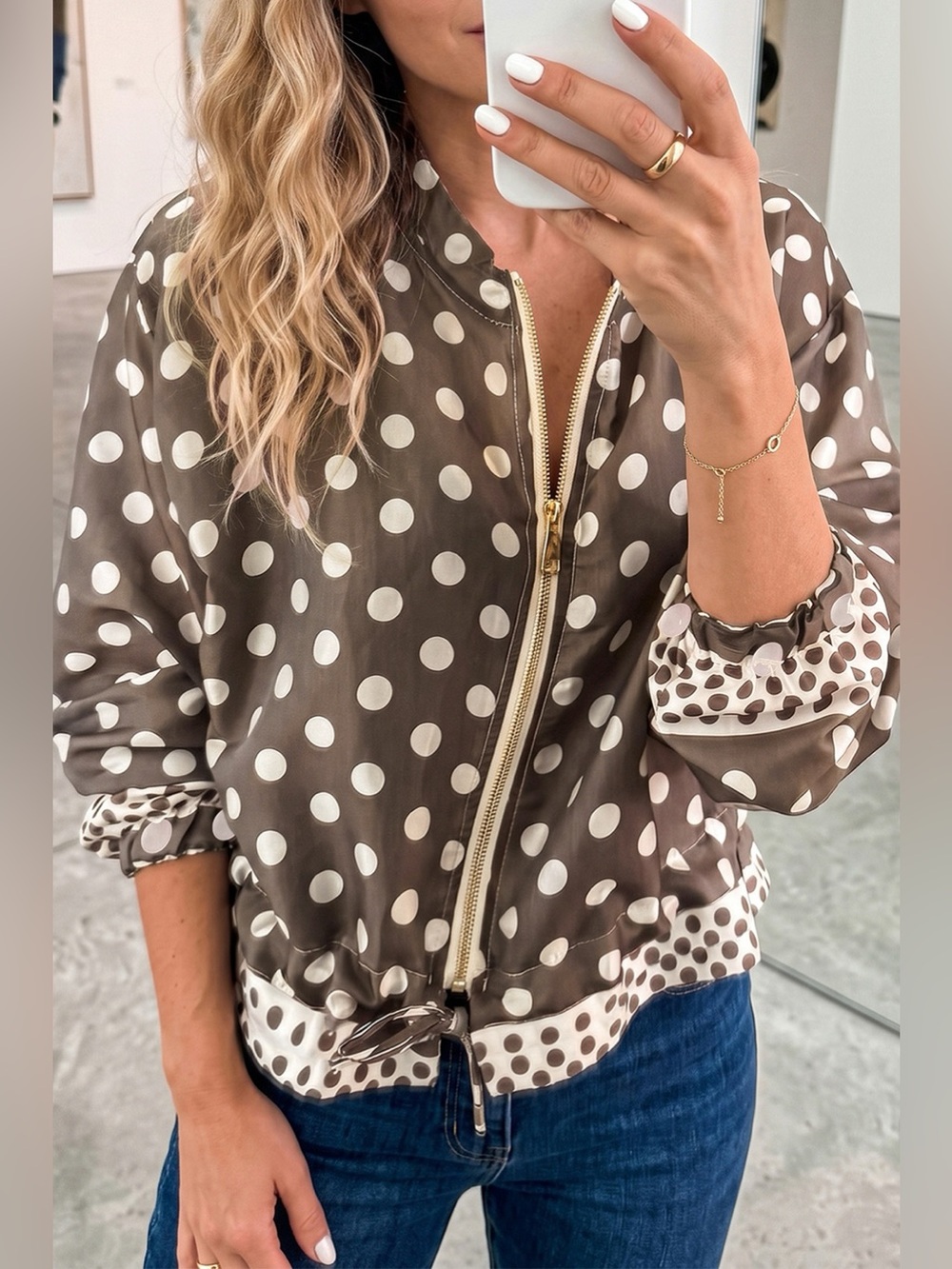 Polka Dot Contrast Detail Zip-Up Long Sleeve Shacket